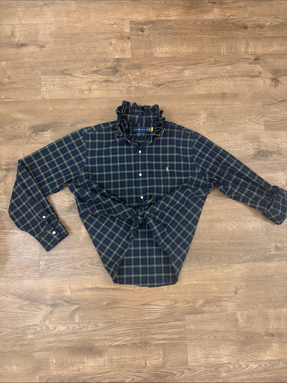 Ralph Lauren Upcycled Green & Navy Plaid Ruffle-Collar Button-Down Shirt Size XL